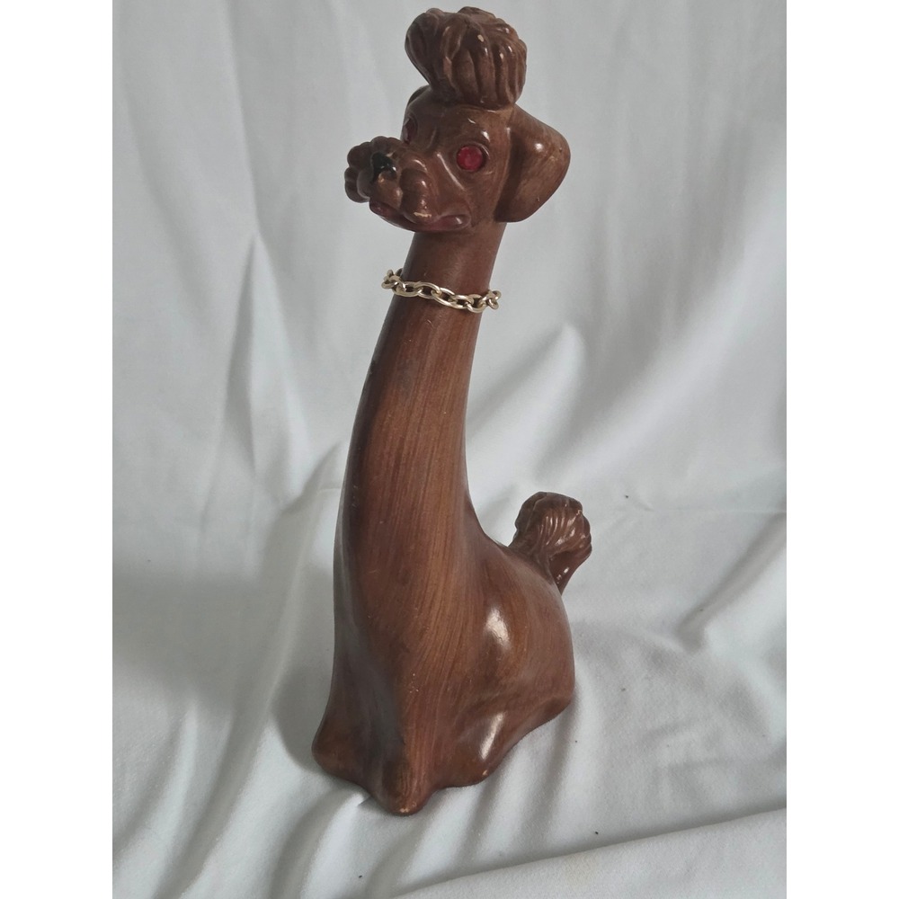 Vintage MCM Long Neck Poodle Figurine Brown Red Rhinestone Eyes Gold Chain 8.5"